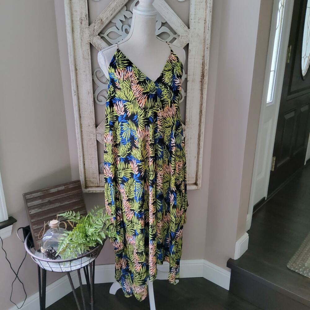 Tyche Tropical Flowy Asymmetric Tie Back Strap Midi Dress Large Boho Fairy